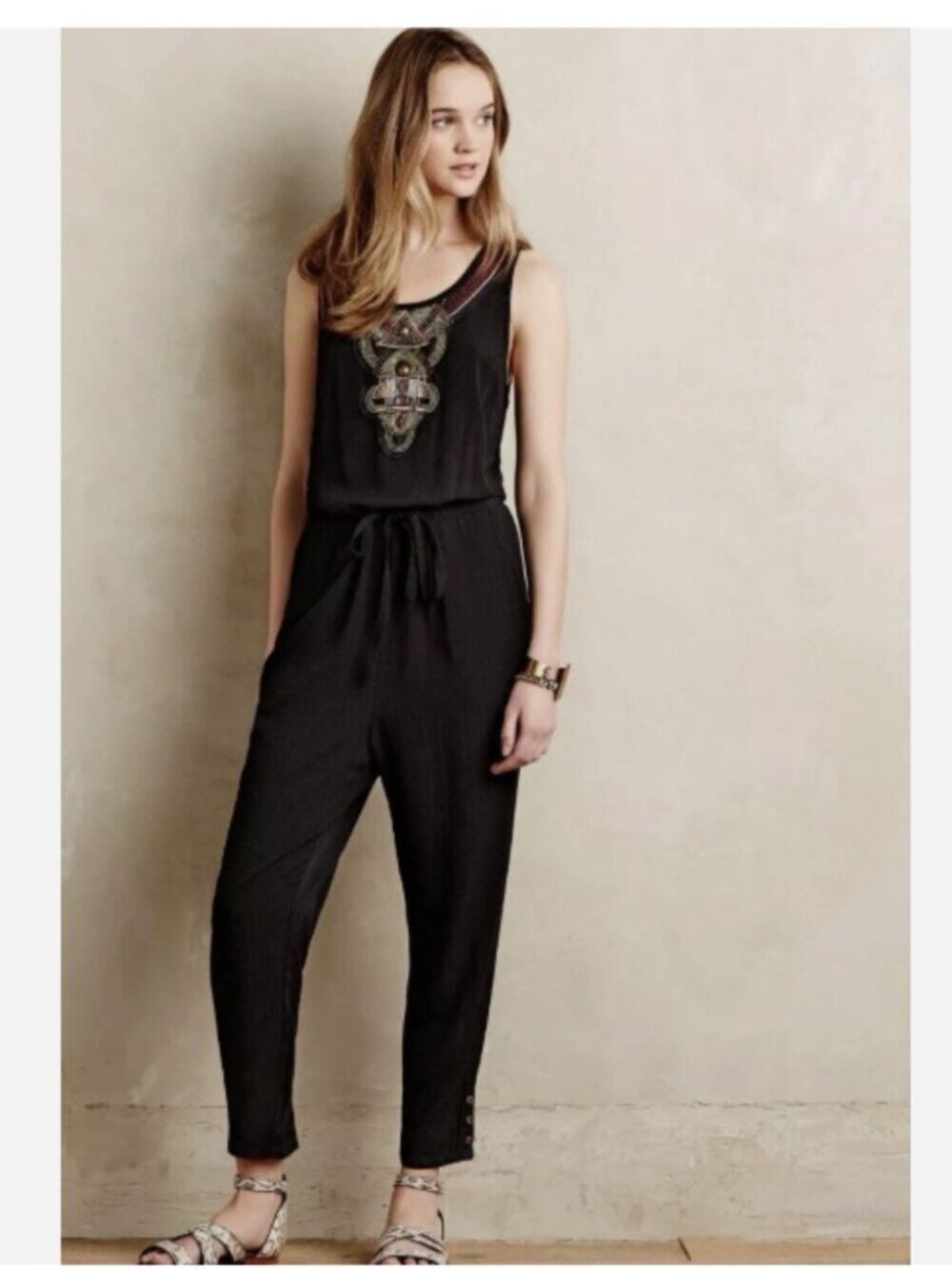Anthropologie Lilka Allete Jumpsuit Black XS Beaded Embroidered Boho Drawstring